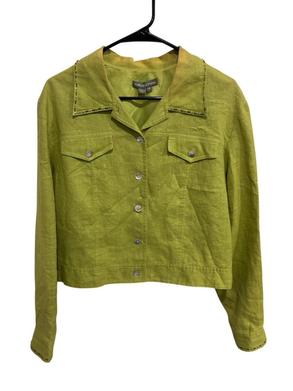 Kelly & Diane Sz 14 Notched Collar Lime Green Linen Jacket Tropical Coastal